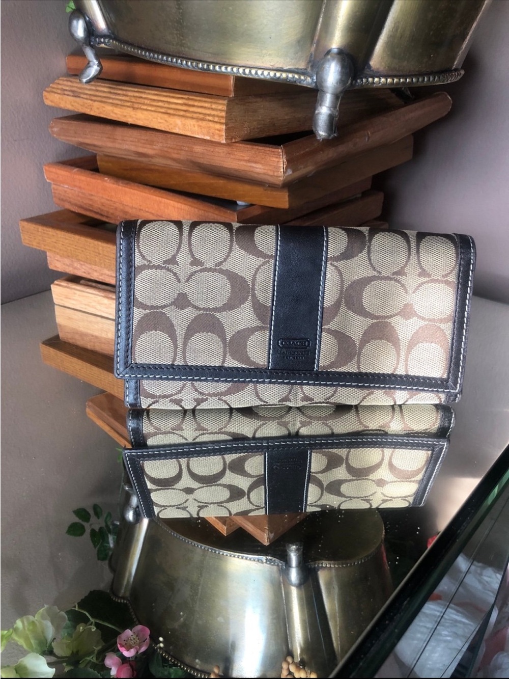 Coach Tan Signature Canvas Foldover Wallet with Brown Leather Trim